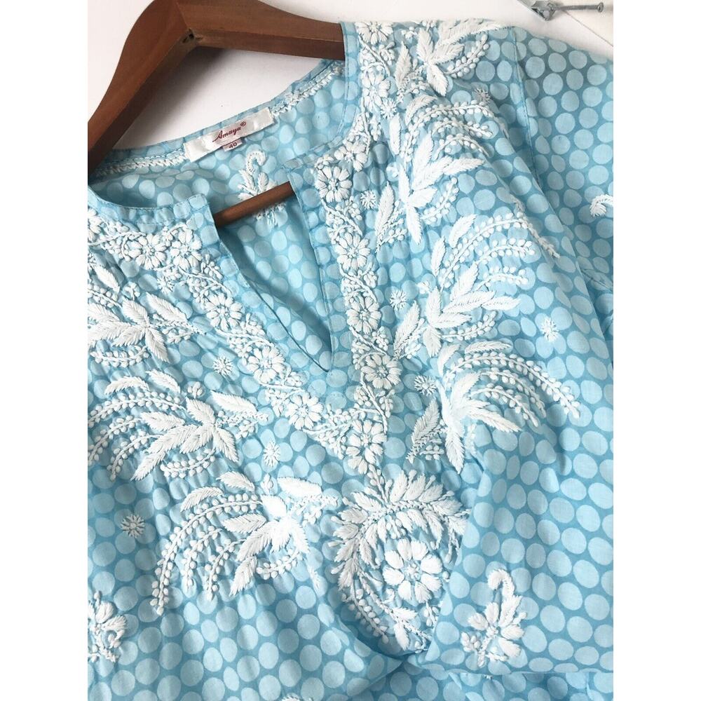 Amaya Textiles Size 40 (10) Blue White Floral Embroidered Kaftan Caftan Dress - Picture 11 of 12